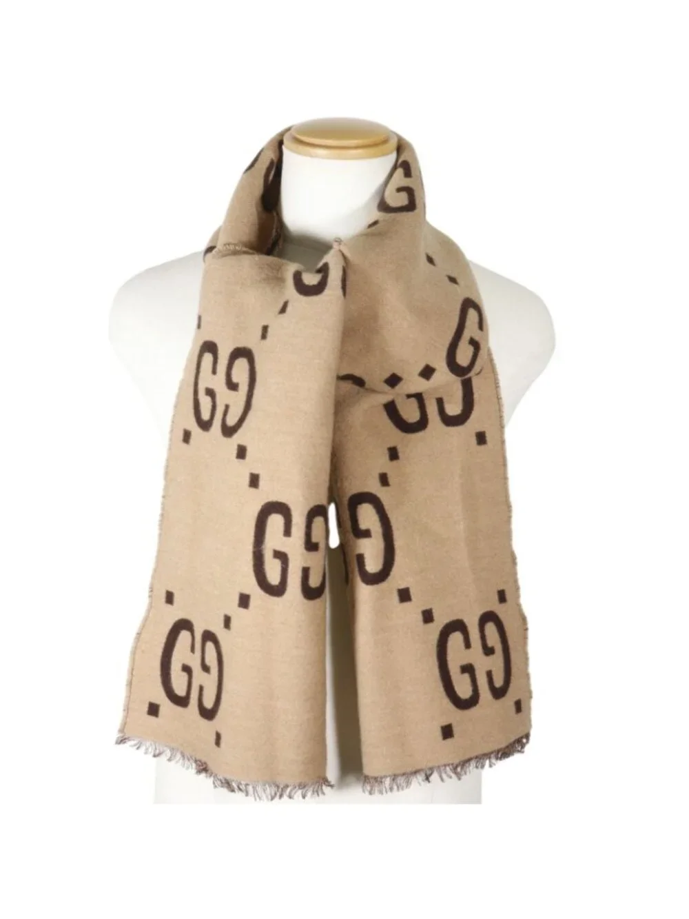 Gucci GG Jacquard Wool Silk Beige Scarf